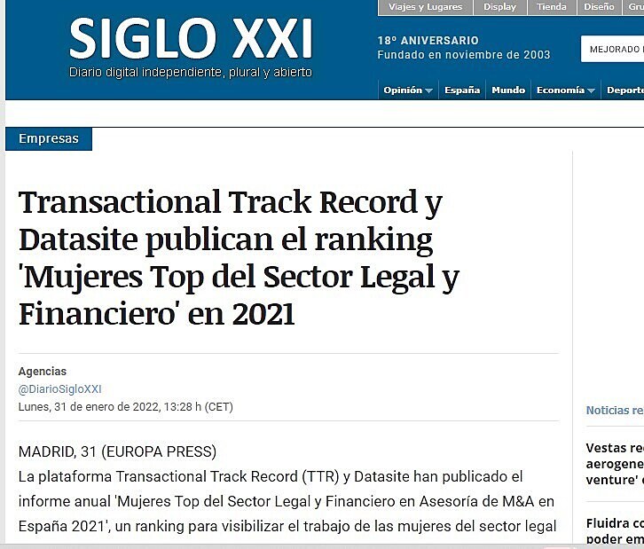 Transactional Track Record y Datasite publican el ranking 'Mujeres Top del Sector Legal y Financiero' en 2021